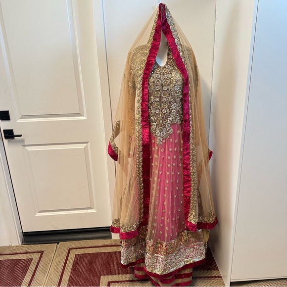 Elegant Pink and Gold Three-Piece Lehenga with Velvet Borders - Picture 4 of 16